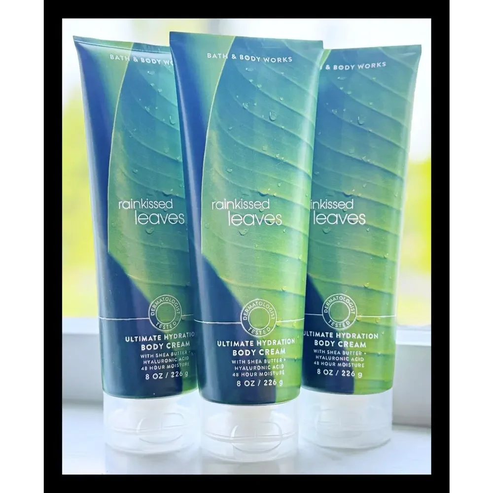 Bath & Body Works Rainkissed Leaves 8 oz Ultimate Hydration Body Cream x3